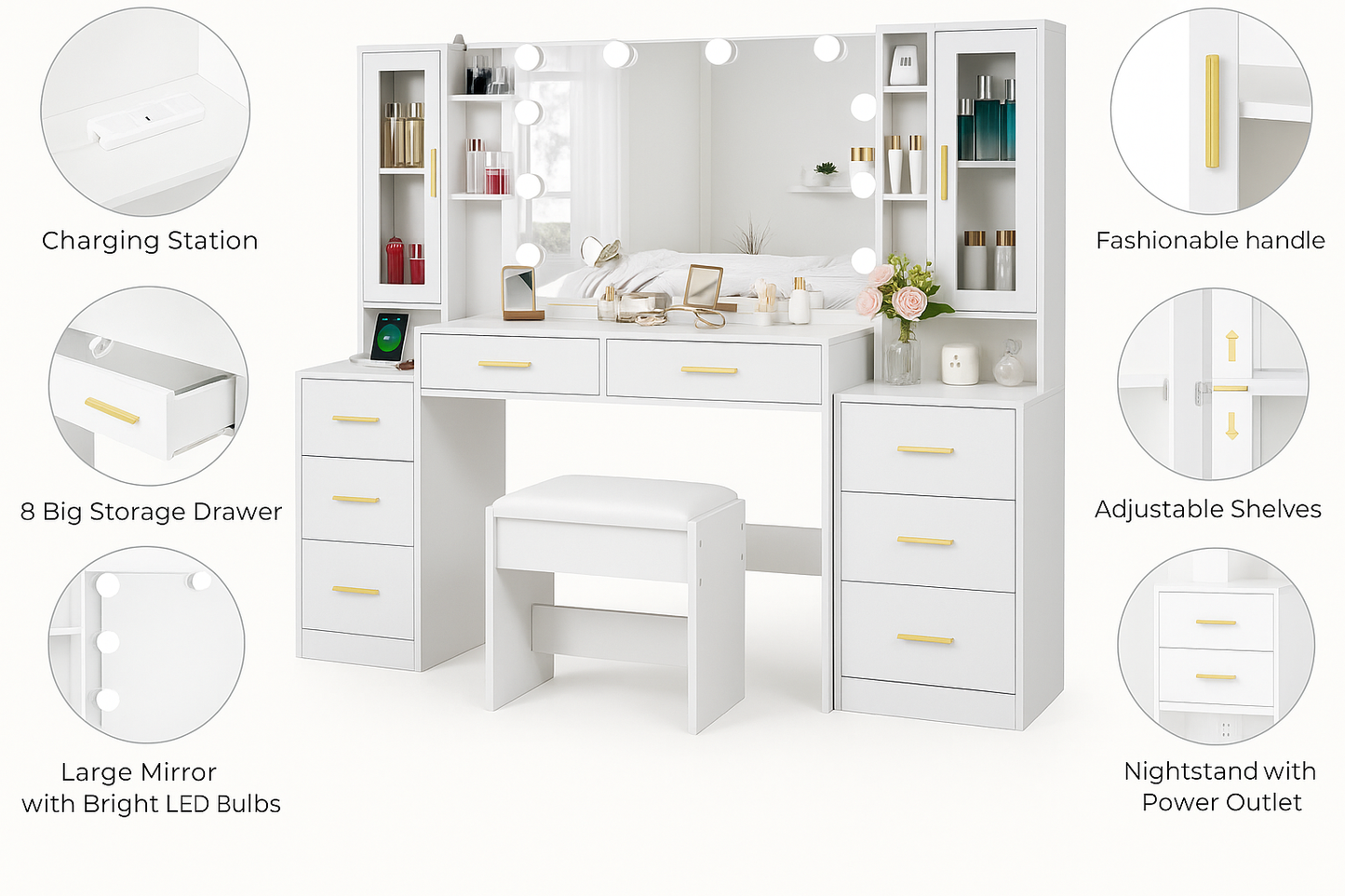 Glow-Up Glam Station β 58β³ Luxury Vanity Desk with Mirror & Outlets