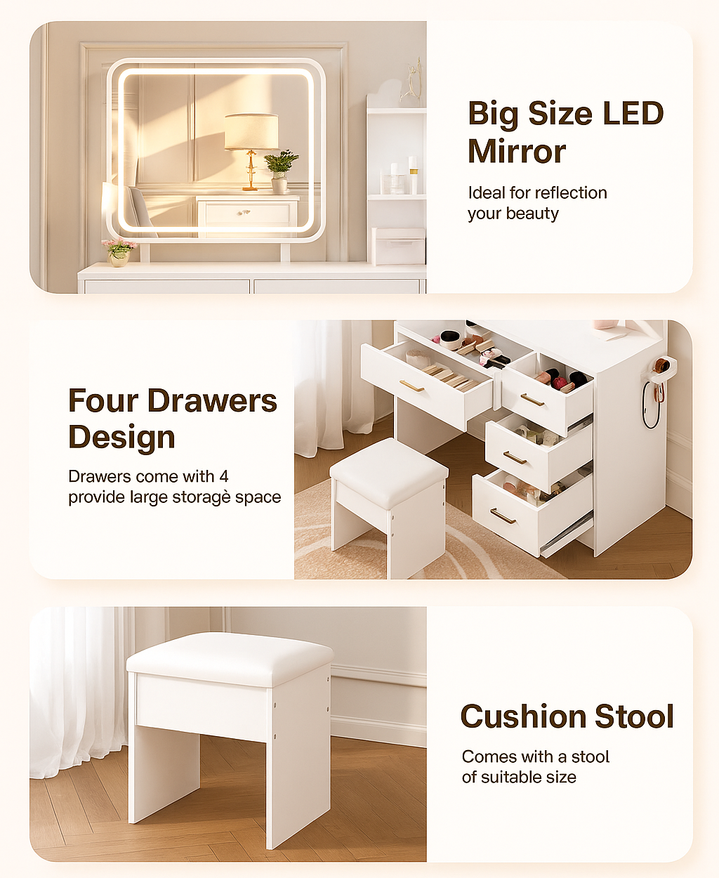 White vanity table with mirror, drawers, and stool in a bedroom setting.