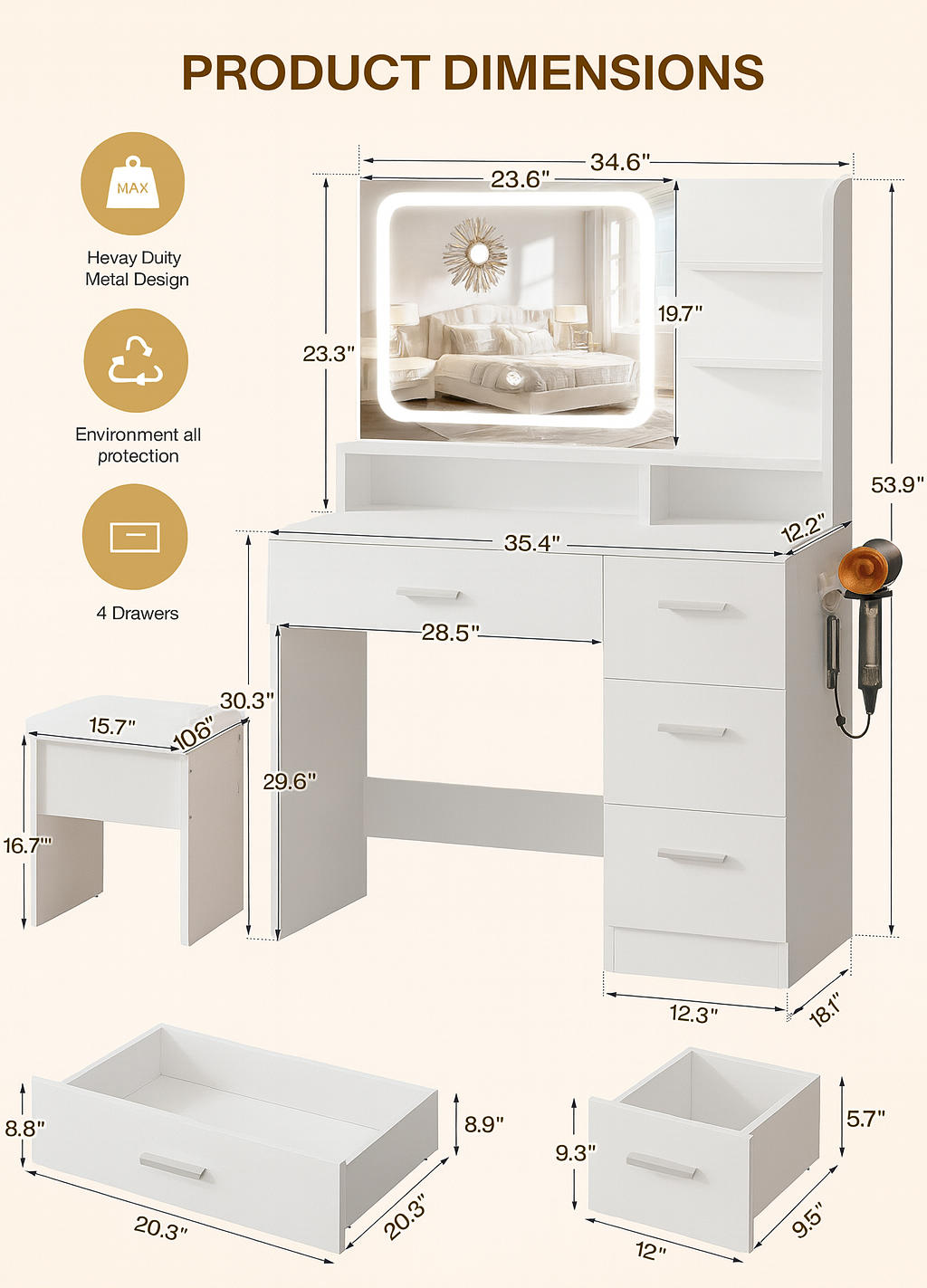 Product dimensions chart of a vanity set with various measurements.