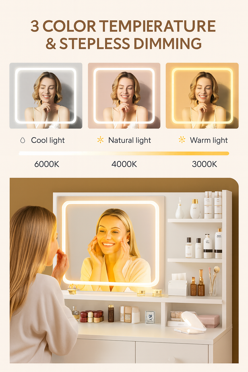 Woman using a vanity mirror with three color temperature settings displayed.