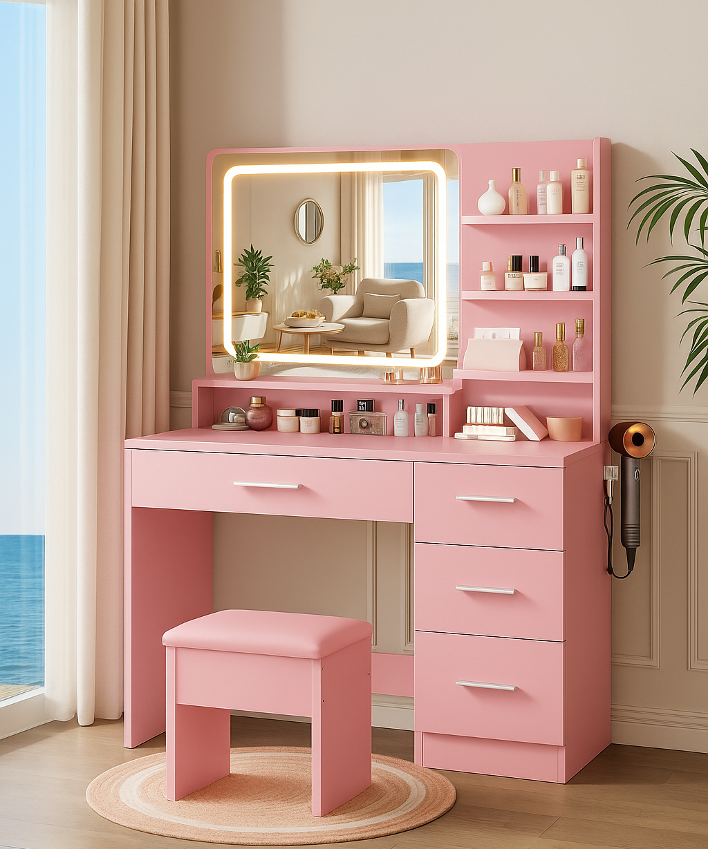 Pink vanity table with mirror and stool in a room with a window and plant.