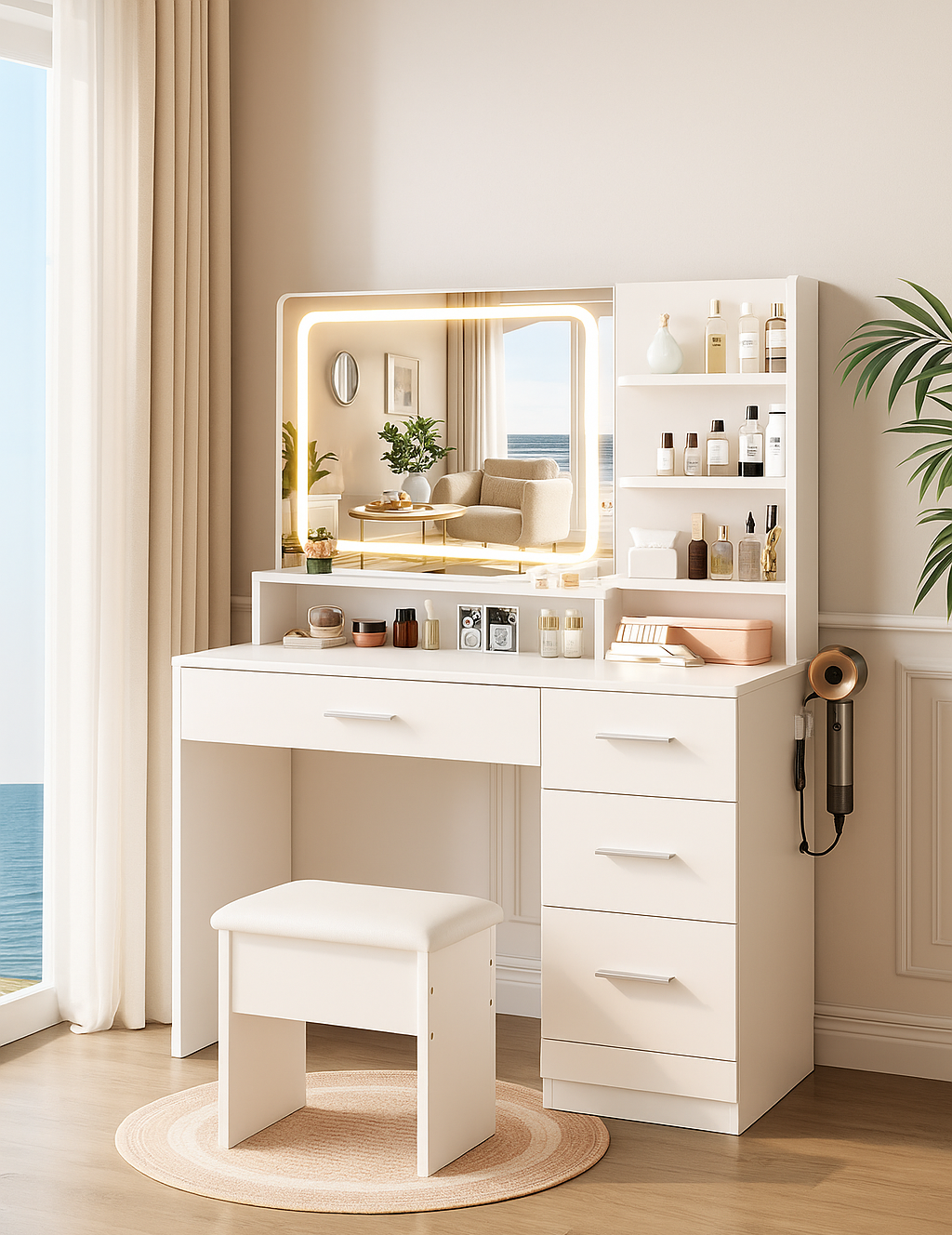 White vanity table with mirror and drawers in a bright room, featuring the brand 'Laurelia'.
