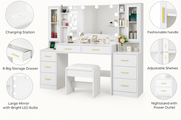 Glow-Up Glam Station – 58″ Luxury Vanity Desk with Mirror & Outlets