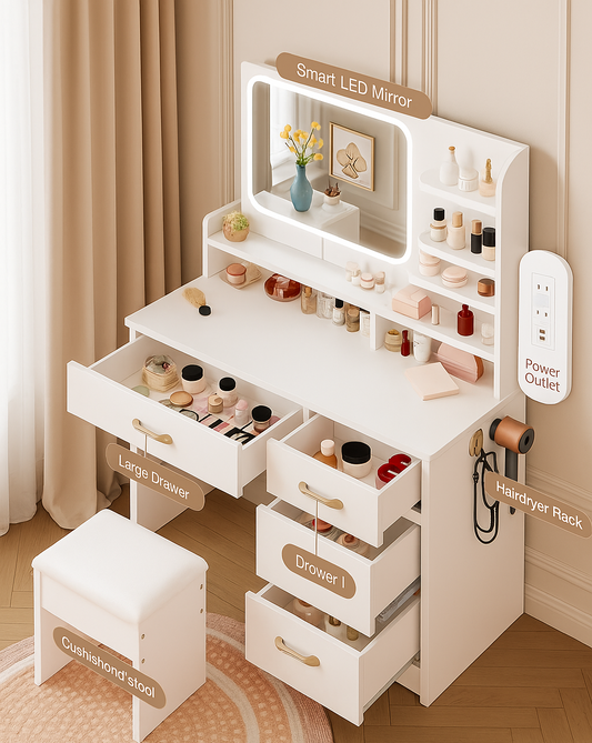 White makeup vanity with drawers, mirror, and various cosmetic items on a beige background. Brand 'Laurelia' visible.