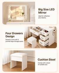 White vanity table with mirror, drawers, and stool in a bedroom setting.