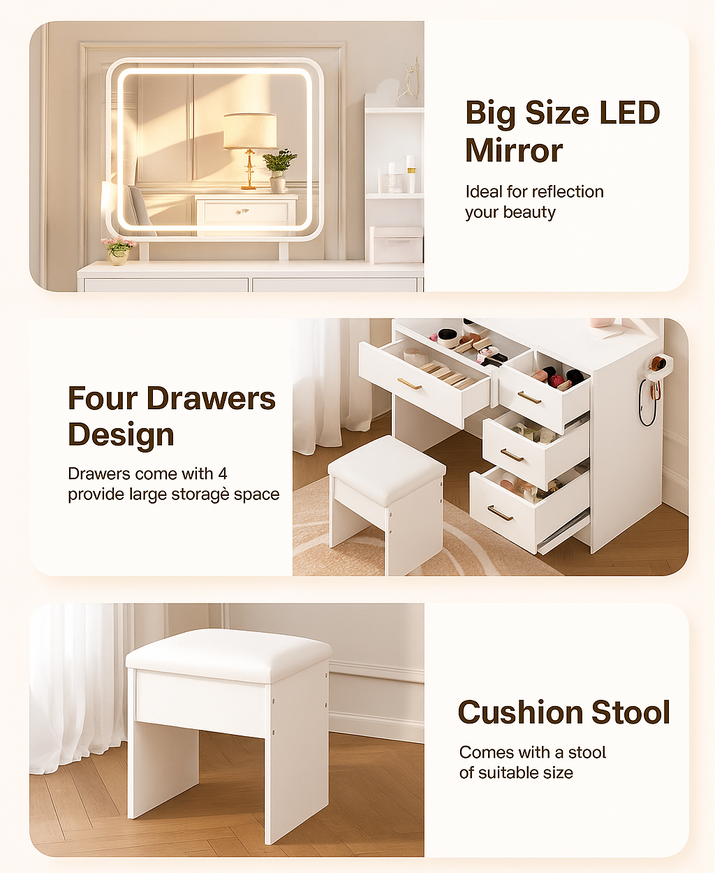 White vanity table with mirror, drawers, and stool in a bedroom setting.