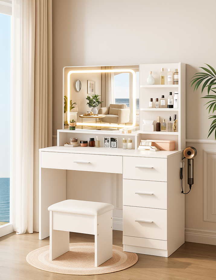 White vanity table with mirror and drawers in a bright room, featuring the brand 'Laurelia'.